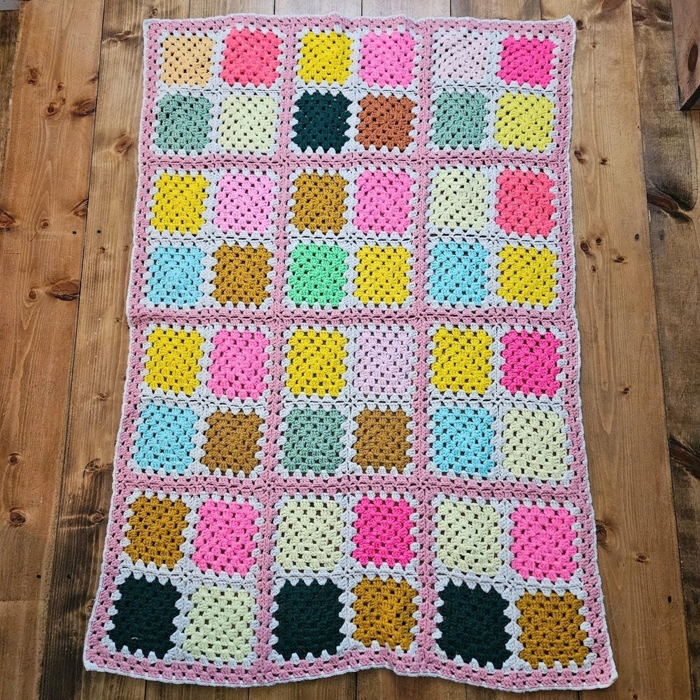 Vintage Handmade Crochet Granny Square Baby Blanket Afghan‎ Multicolor Pink